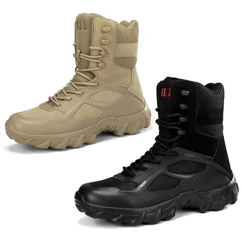 Erkekler Askeri Deri Çizmeler Yüksek Ayak Bileği Çöl savaş Botları Lace Up ve Yan Fermuar yürüyüş ayakkabıları Yüksek Top Açık Hava Etkinlikleri için