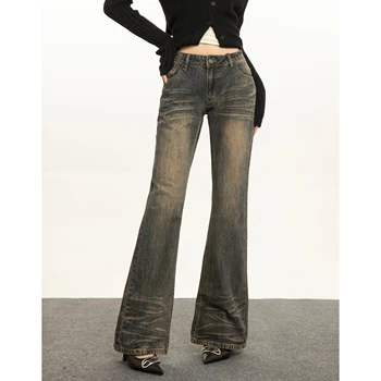 Kore Versiyonu kadın Flare Kot Y2k Yüksek Bel Jean Amerikan tarzı Moda Retro Streetwear Harajuku Düz Geniş Bacak Pantolon