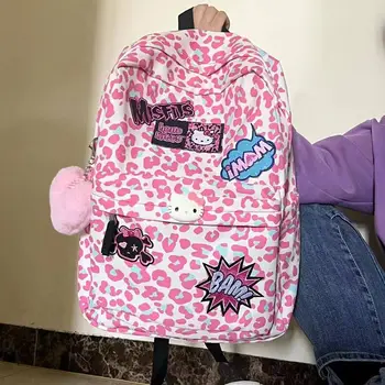 Sanrio hello kitty pembe leopar baskı sırt çantası y2k bin yıllık kız moda okul çantası karikatür çanta kolej tarzı saklama çantası