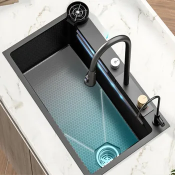 Mutfak 304 paslanmaz çelik Şelale lavabo Ev bulaşık lavabo Nano kabartmalı sebze havzası el yapımı tek lavabo ekran
