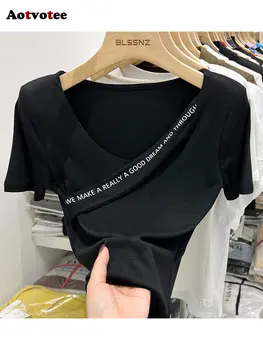 Aotvotee Patchwork Mektup Baskı Omuz Pedleri T Shirt Kadınlar ıçin Kısa Kollu Y2k Moda Yeni Tasarım Ince Şık Katı Gömlek