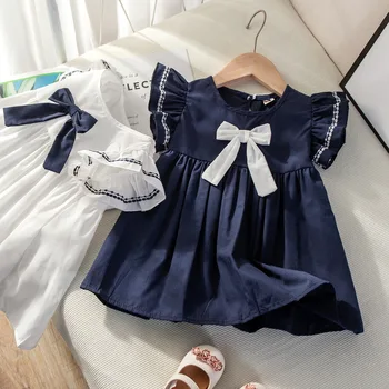 2023 Yaz Yeni Kız Moda İlmek Elbise Akademik Tarzı İşlemeli Kısa kollu Etek Çocuklar İçin Sevimli Prenses Elbise Günlük Giyim