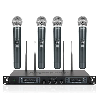 UHF Profesyonel Kablosuz Mikrofon Phenyx Pro 4 Kanal Otomatik Tarama Seçilebilir Frekans Metal 100M Şarkı Kilise PTU7000