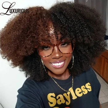 Yarım Siyah Yarım Renkli Kafa Derisi Üst Tam makine yapımı kahküllü peruk Afro Kinky kıvırcık insan saçı Peruk Yüksek Yoğunluklu kısa postiç