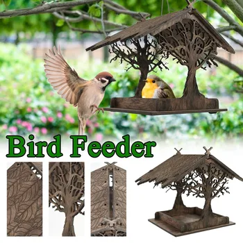 Pet Kuş Besleyici Ahşap Açık Asılı Pet Gıda Dağıtıcı Bahçe Dekorasyon Besleme Aracı Uçan Hayvanlar için Besleme Evi