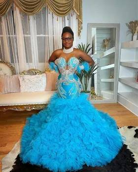Mavi Mermaid Uzun Afrika Abiye Kadınlar için Lüks Elmas Kristal Ruffles Alt Balo elbisesi robe de soirée de luxe