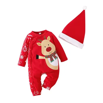 Bebek Noel Kostüm Romper 2 ADET Set Bebek Çocuk Erkek Kız Pamuk Kız Tulum Uzun Kollu Outift Giysileri 6 12 18 24 ay