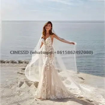 Düğün elbisesi Boho gelin kıyafeti Büyüleyici Mermaid Spagetti Sapanlar Backless Düğmeler Çay boyu Vestido De Novia Kadınlar İçin