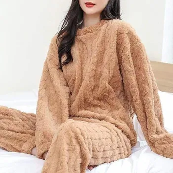 Kış Pazen Polar Pijama Setleri 2 adet Uzun Kollu Kalınlaşmak Sıcak Pijama Pantolon Ovesized Kazak Gecelik Ev Giyinik пичама