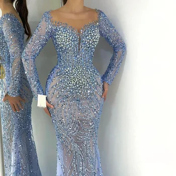 Mavi Zarif Mermaid Dubai Arabistan Lüks Boncuklu İnciler Abiye Giyim 2024 Kadınlar İçin Düğün Parti BLA72264 Sakin Tepe
