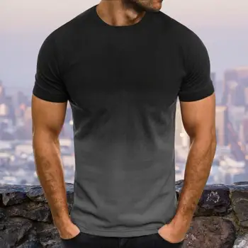 O-boyun kısa kollu 3D degrade renk erkek T-shirt yaz ince sıkıştırma spor T-shirt Streetwear