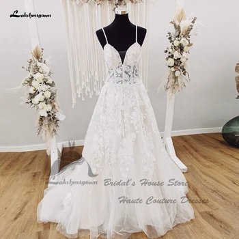 Lüks Prenses düğün elbisesi Bir Çizgi 2022 Sivil Dantel Aplikler Gelin Boho Gelinlikler Şeffaf Illusion Korse Abito Sposa