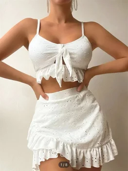 Seksi Beyaz 3 Parça Bikini Set Kadınlar Halter Cut Out Kravat Ruffles Push Up Etek Mayo 2024 Mayo Yüksek Bel Mayo