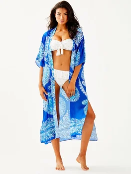 2023 Mavi Bohemian Baskılı Yarım Kollu Uzun Kimono Kadın Bluz Tops Seksi Yaz Plaj Kıyafeti kıyafetler Hırka Elbiseler Q837