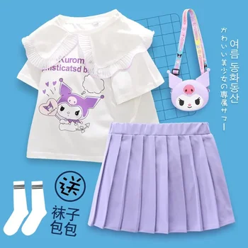 Sanrio kuromi Y2K JK Etek Takım Elbise Kız 2023 Yeni hello kitty çocuk Kısa Kollu Etek yazlık t-Shirt elbise bozuk para cüzdanı çorap