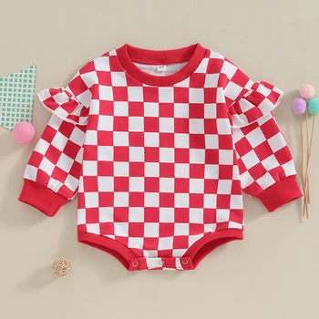 Fırfır Uzun Kollu Bebek Kız Giysileri Bahar Bebek Kazak Romper Ekose Baskı Toddler Tulumlar Yenidoğan Sevimli Giyim