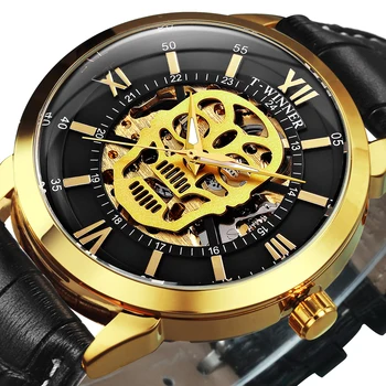 Gold Mechanical Watch Men Automatic Watches Mens 2020 Luxury Brand Leather Strap Business часы мужские спортивные WINNER