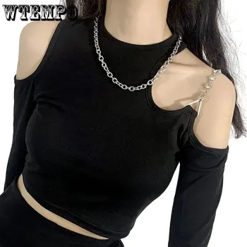 Goth Kırpma Üst Slim Fit kısa tişört kadınlar için açık omuzlu Uzun kollu Katı Zayıflama Dip Gömlek Sıska Tee Siyah Y2K Tops