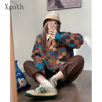 Xgoth Retro kadın pantolonları Seti Ekose Kazak Çiçek papyon Gömlek Tops Geniş Bacak günlük pantolon Kore Moda Üç Parçalı Setleri