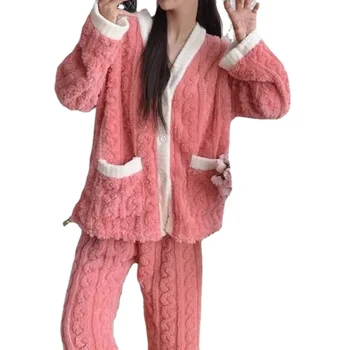 Yeni Sonbahar Kış Kadın Pijama Peluş Kalınlaşmış Gevşek Uydurma Pijama Seti Kadın Öğrenci Mercan Peluş Seti Pijama Kadın Pijama Seti