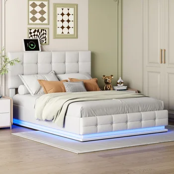 Hidrolik Depolama Sistemli Platform Yatağı, Kraliçe Boy PU LED ışıklar ve USB şarj cihazı, Beyaz
