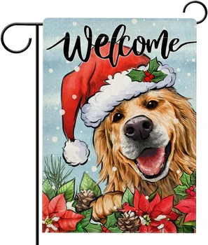 Hoşgeldiniz Noel Golden Retriever Köpek Bahçe Bayrağı Köpek Santa Şapka Atatürk Çiçeği Dekoratif Yard Açık Ev Dekor Tatil 12x18in