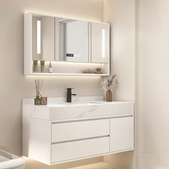 Modern Mermer Desen Kayrak Banyo Dolapları Kombinasyonu Ev Mobilyaları Akıllı Banyo Entegre Havzası depolama dolabı