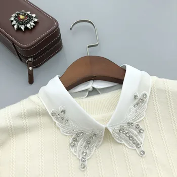 Zarif Beyaz Sahte Yaka Beyaz Gömlek Kadın Dantel Çiçek El Yapımı Boncuk Yanlış Yaka Kadın Gömlek Ayrılabilir Yaka