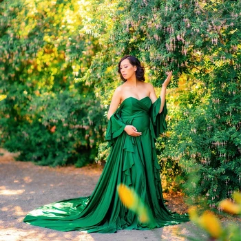 Yeşil Saten Annelik Elbiseler Bir Çizgi Sweep Tren Hamile Kadınlar Photoshoot Elbiseler Seksi Kapalı Omuz Kat Uzunluk Bebek Duş Önlük