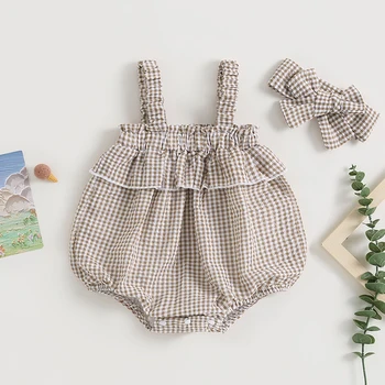 Yeni Yaz Yenidoğan Bebek Bebek Kız Moda Ekose Baskılı Kolsuz Romper Tulum Kafa Bandı 2 adet Kıyafet Sunsuit