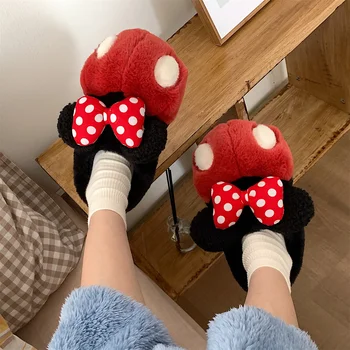 Kadın Peluş Terlik Kış pamuklu ayakkabılar Disney Minnie Donald Ördek Karikatür Sıcak kaymaz Düz Tabanlı ayakkabılar Ev Ayakkabı Hediye