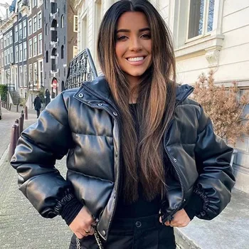 Kış Kalın Kadın Kısa Parkas Sıcak Moda PU Deri Mont Siyah Pamuk Yastıklı Aşağı Ceket Zarif Fermuar Elbise Y