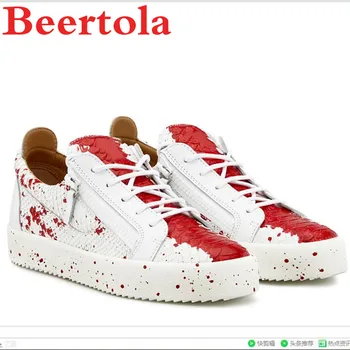 Yeni erkek Sneakers Yılan Derisi Desen Karışık Renk rahat ayakkabılar Erkekler Tasarımcılar Kırmızı Noktalar Beyaz Flats Ayakkabı Erkek Lace Up Chaussures