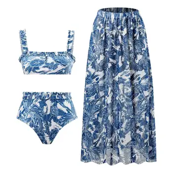 3 ADET Takım Elbise Etek Vintage Fırfır Bikini 2023 Biquini Mayo Yüzmek maillot de bain Plaj Kıyafeti Mayo Kadınlar Mayo