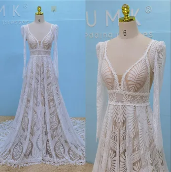 UMK 2022 Lüks Boho Dantel düğün elbisesi Ayrılabilir Uzun Kollu Vintage Depp V Backless Spagetti Sapanlar Benzersiz gelinlikler