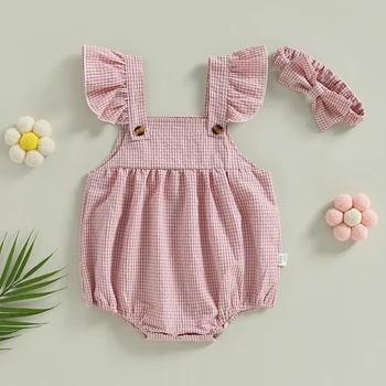 Yenidoğan Bebek Kız Tulum Fırfır Pamuk Bebek Kız Giysileri Ekose Baskı Tulumlar Kafa Kıyafetleri Sunsuit Bebek Giyim
