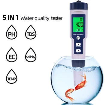 5 in 1 Su Kalitesi Test Cihazı Dijital Metre Su Kalitesi Analizörü Dedektörü PH / TDS / EC / Sıcaklık / Tuzluluk Test IP67