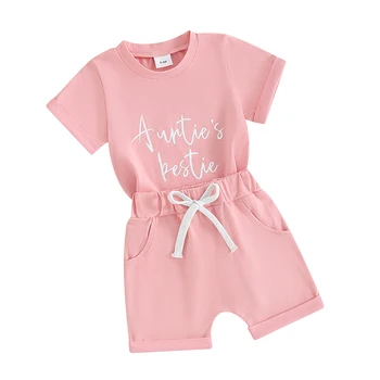 Bebek Bebek Kız Yaz Kıyafet Teyzeler Mektup Kısa Kollu T Gömlek Tops Şort Yenidoğan Giysileri Set