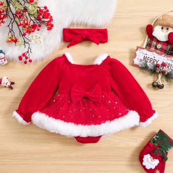 Yenidoğan Bebek Kız Noel Tulum Bebek 2 Adet Uzun Kollu Kadife Tulumlar Elbise + Kafa Bandı Çocuk Playsuits Kıyafetler Set