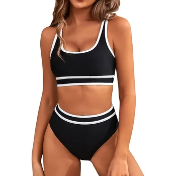 Kadın Yüksek Belli Bikini Setleri Sportif İki Parçalı Mayo Renk Bloğu Yüksek Kesim Mayo Yaz Banyo Plaj kıyafeti 2024