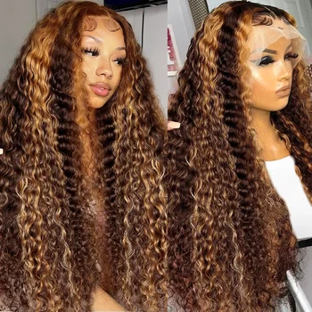 Kıvırcık Vurgulamak HD 40 İnç 13x6 Dantel Frontal İnsan Remy Saç Peruk Brezilyalı Renkli Derin Dalga 13x4 sırma ön peruk Kadınlar İçin
