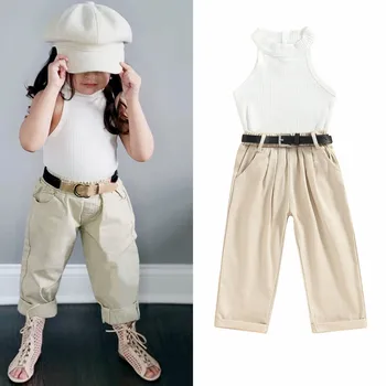 1-6Y Çocuk Kız yaz giysileri Set Bebek Düz Renk Nervürlü Kolsuz Tank Tops + Uzun Pantolon + Kemer 3 Adet Çocuk Moda Kıyafet