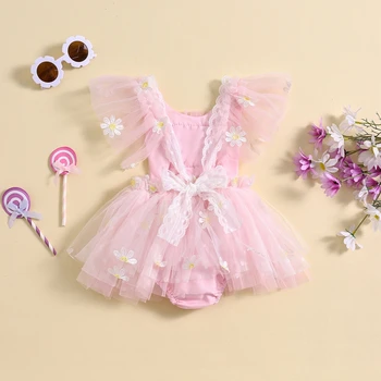 Citgeett Yaz Bebek Bebek Kız Bodysuit Elbise Tatlı Sinek Kollu Çiçek Tül Tulum Giysileri