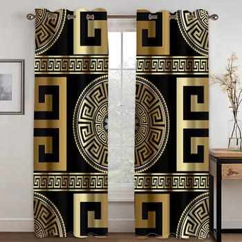 Zarif Siyah Altın Yunan Anahtar Menderes Perdeler Oturma Odası için 2 Parça Ücretsiz Kargo Lüks Marka Dekoratif Pencere Perdeleri