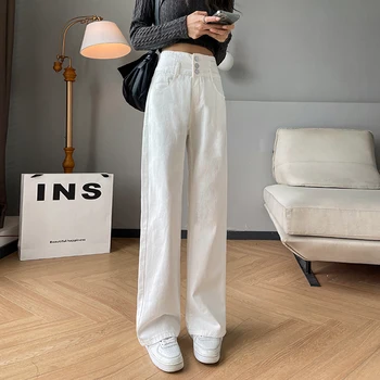 Kadın Baggy Geniş Bacak Kot Çok Düğmeli Yüksek Bel Düz Pamuklu kot pantolon Sonbahar Yeni Kadın Bej Pantolon Streetwear