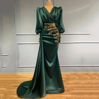 Muhteşem kadın Yeşil Saten Abiye Dubai Arapça Örgün Balo Parti Kıyafeti Altın Dantel Uzun Kollu 2023 Ünlü Elbise