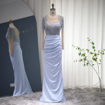 Sharon Dedi Mavi Mermaid Arapça Abiye Dubai Lüks İnciler Uzun Kollu Müslüman Resmi Elbise Kadınlar için Düğün SS272
