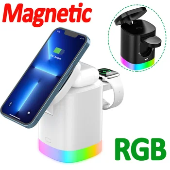 3 in 1 Manyetik Kablosuz Şarj Standı RGB Işık Telefon Hızlı Şarj İstasyonu iPhone 14 13 12 Pro Max AirPods Pro iWatch 8 7