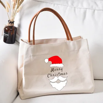 Merry Christmas Baskılı Satchel Tote İş Çantası Arkadaşlar için Hediye Aile Kitap Çantası Kadın Bayan Moda Tuval Plaj Çantası Çanta