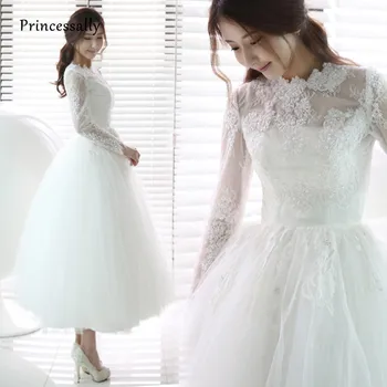 Yeni Beyaz düğün elbisesi Çay boyu Yüksek Boyun Tam Uzun Kollu A-line Aplikler Boncuk Gelin Evlilik Ziyafet Balo Parti Kıyafeti